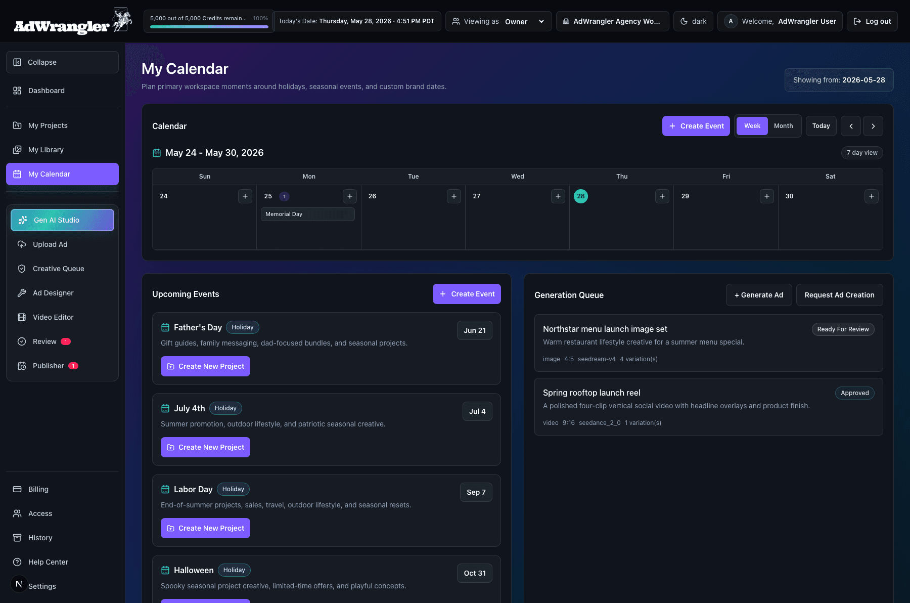 My Calendar AdWrangler UI screen