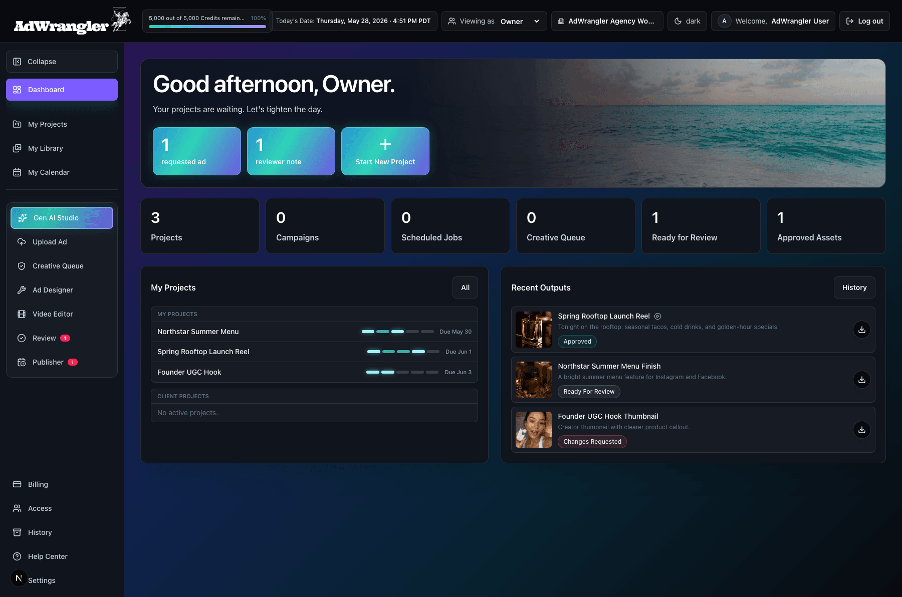Dashboard AdWrangler UI screen