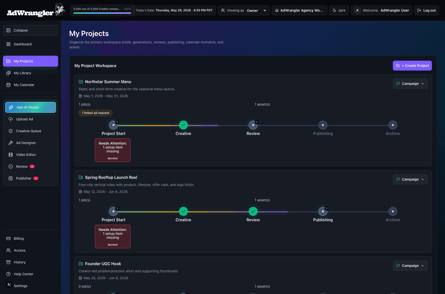 My Projects AdWrangler UI screen