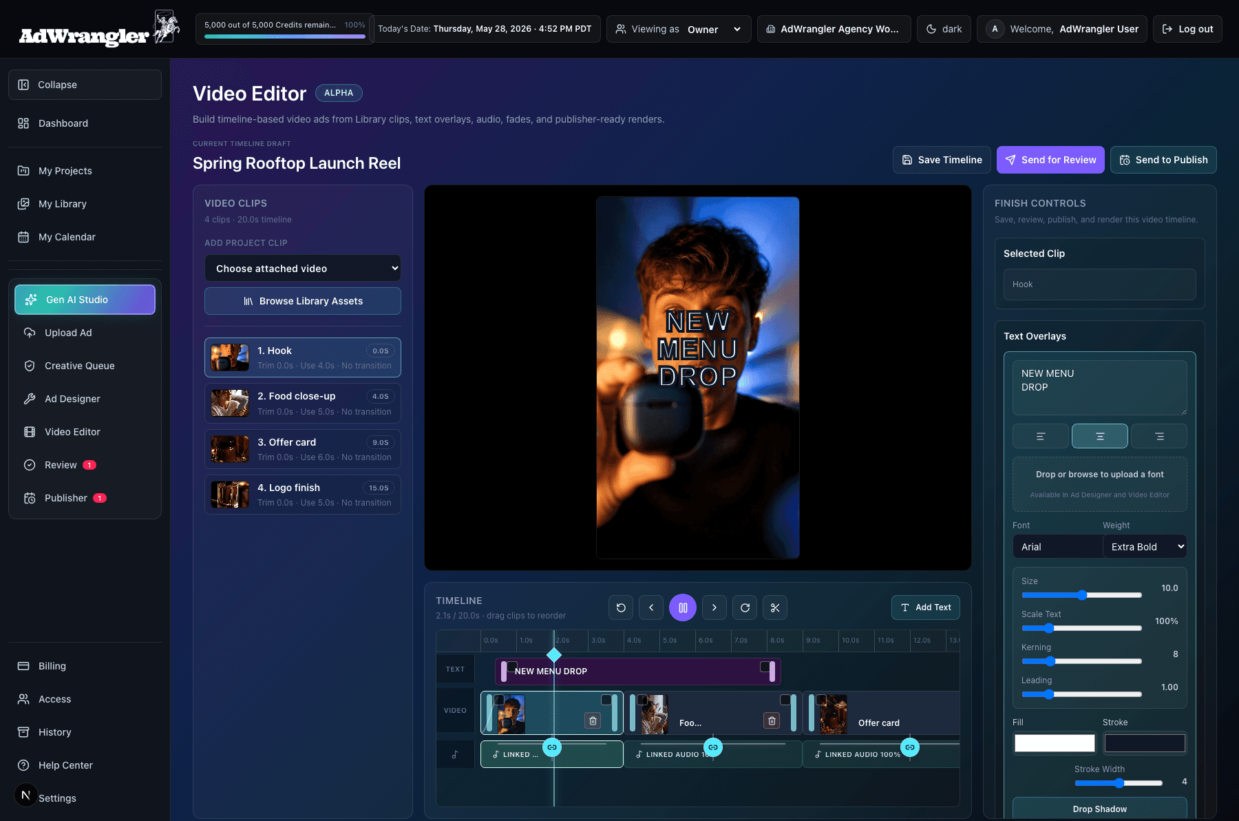 Video Editor AdWrangler UI screen